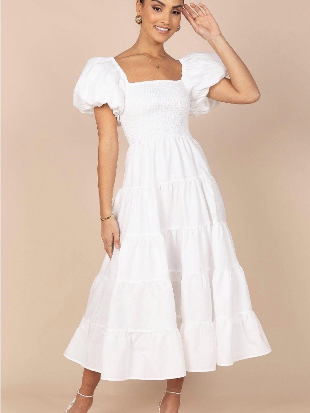 Petal & Pup White Puff-Sleeve Tiered Midi Dress